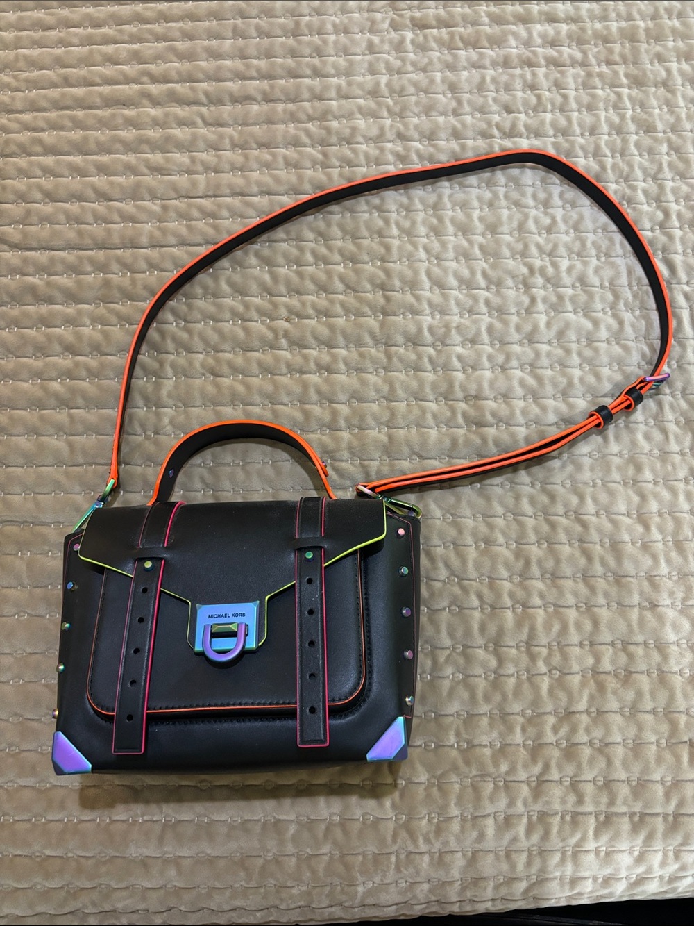 Michael Kors Black Leather Satchel with Neon Accent Trim
